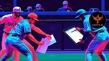 Baseball players in a neon-lit stadium huddle at home plate, fumbling with scattered paper quotes while one holds a digital tablet with the Cofire.ai logo, symbolizing the contrast between outdated quoting and AI-powered proposal tools.