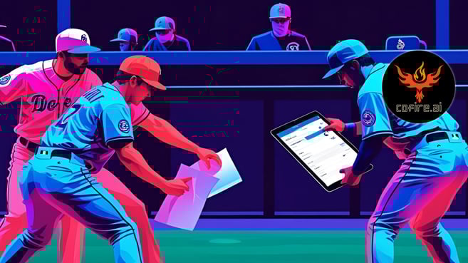 Baseball players in a neon-lit stadium huddle at home plate, fumbling with scattered paper quotes while one holds a digital tablet with the Cofire.ai logo, symbolizing the contrast between outdated quoting and AI-powered proposal tools.