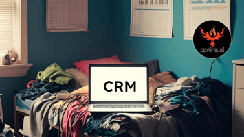 A glowing laptop labeled CRM sits on an unmade bed in a messy teenage bedroom. Clothes, cords, and papers are scattered everywhere. The scene feels chaotic, immature, and unready for responsibility.