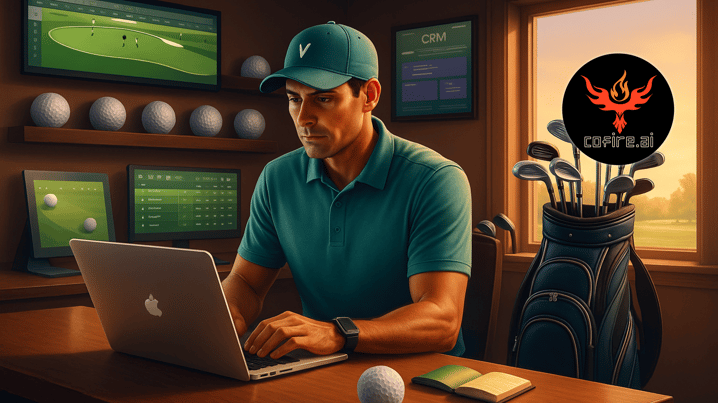 A golfer in a polo and cap sits at a desk in a golf pro’s office, working on a laptop with CRM data on wall monitors, a rack of golf clubs and balls behind him, and a Cofire.ai logo displayed.