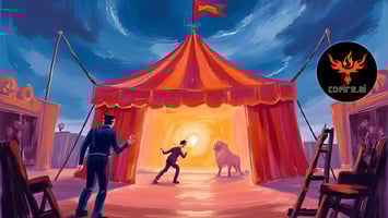 A neon-lit circus tent glows under a swirling celestial sky. A ringmaster stands outside with a lion at his side, facing the glowing entrance. cofire ai logo