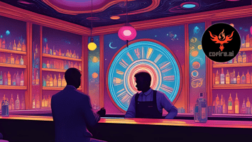 A surreal neon bar scene symbolizing how a CRM like Cofire helps businesses remember personal details that build loyalty. The bartender recognizes the customer instantly, with a glowing clock behind them representing perfect timing and connection.