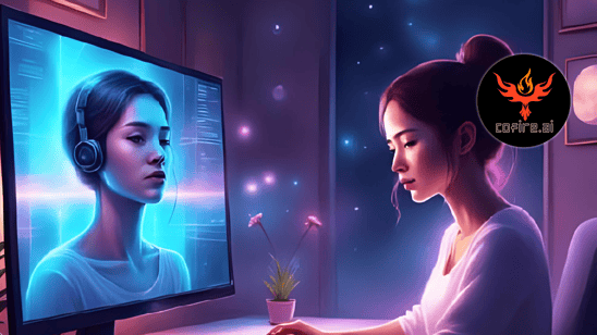 A woman works late at her desk, facing a glowing screen that shows a custom AI agent in a headset — calm, consistent, and professional. The image reflects how Cofire AI builds reliable AI support agents to handle customer communication 24/7.