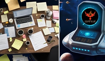 Messy desk floating in space beside a sleek alien control center with Cofire.ai logo, symbolizing the shift from CRM chaos to organized, futuristic systems.