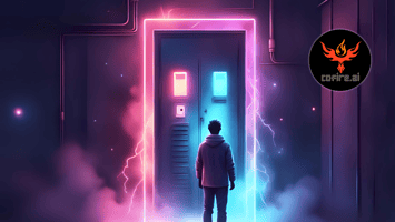 Futuristic scene inspired by The Breaker Box: Why Electricians Lose Repeat Jobs blog, showing a person facing a glowing neon breaker box in a cosmic room. Pink and blue lighting suggest lost connections and untapped energy. Cofire.ai logo shown.