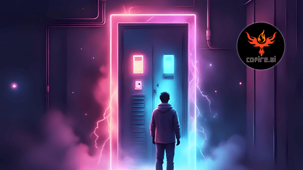 Futuristic scene inspired by The Breaker Box Why Electricians Lose Repeat Jobs blog, showing a person facing a glowing neon breaker box in a cosmic room. Pink and blue lighting suggest lost connec