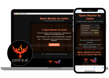 Laptop and phone mockup of “Spam Blocker by Cofire,” a foosball-style interactive game where users block spam calls as an AI agent; tagline reads “AI Agent Defense. Business calls on the line.