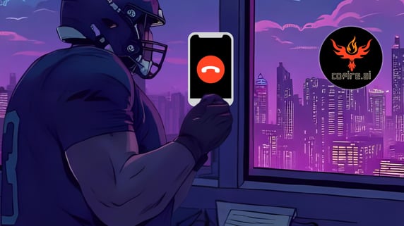 Linebacker in dark gear with jersey number 33 holds a phone showing a red “decline call” button, standing in a high-rise office overlooking a neon city. Spam call blocked. Cofire logo glows