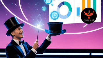 Magician holding a top hat and wand onstage, conjuring glowing CRM data charts and analytics visuals. Cofire.ai logo appears over the dashboard. Celestial-themed, neon-lit background suggests digital magic and tech precision.