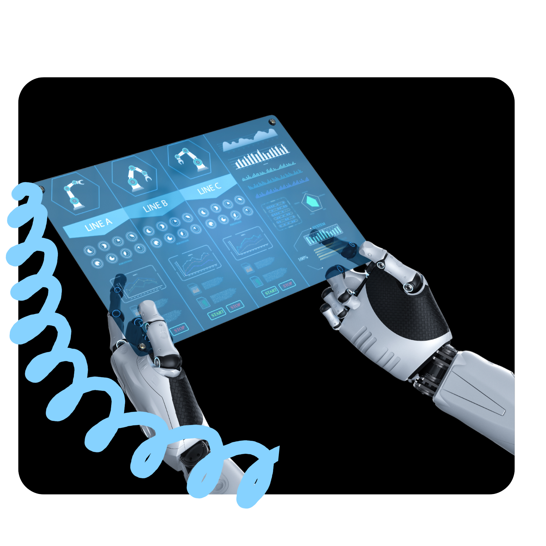 Robotic hands operating a futuristic dashboard. Cofire AI’s role in automating complex business operations with intelligence. Robotic hands operating a futuristic dashboard. Cofire AI’s role in automating complex business operations with intelligence.
