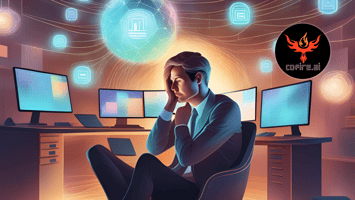 A stressed business owner sits at a desk surrounded by glowing screens and chaotic digital icons, overwhelmed by CRM confusion. The scene has a surreal, cosmic feel. Cofire.ai logo in corner. | Cofire AI