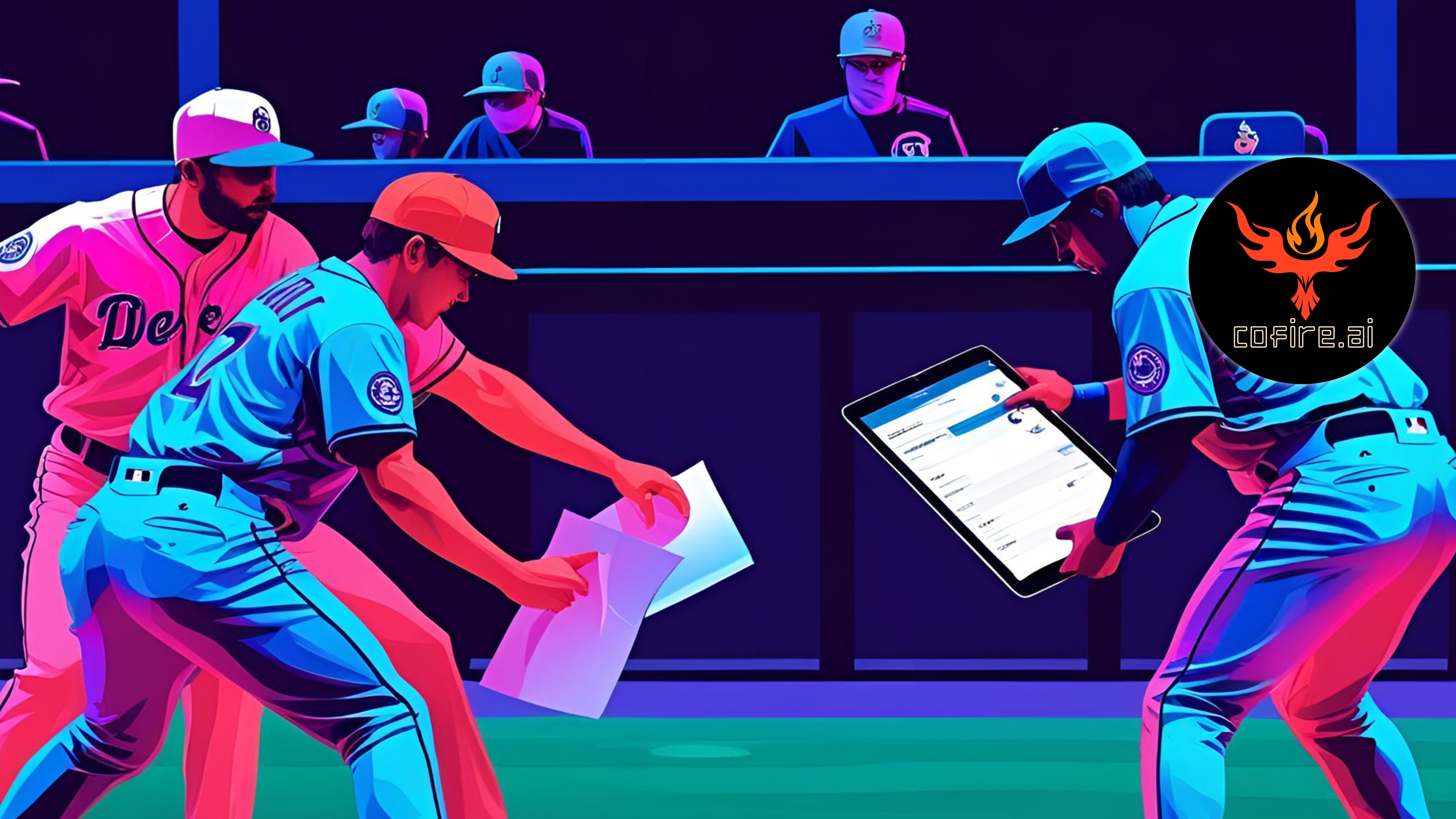 Baseball players in a neon-lit stadium huddle at home plate, fumbling with scattered paper quotes while one holds a digital tablet with the Cofire.ai logo, symbolizing the contrast between outdated quoting and AI-powered proposal tools.