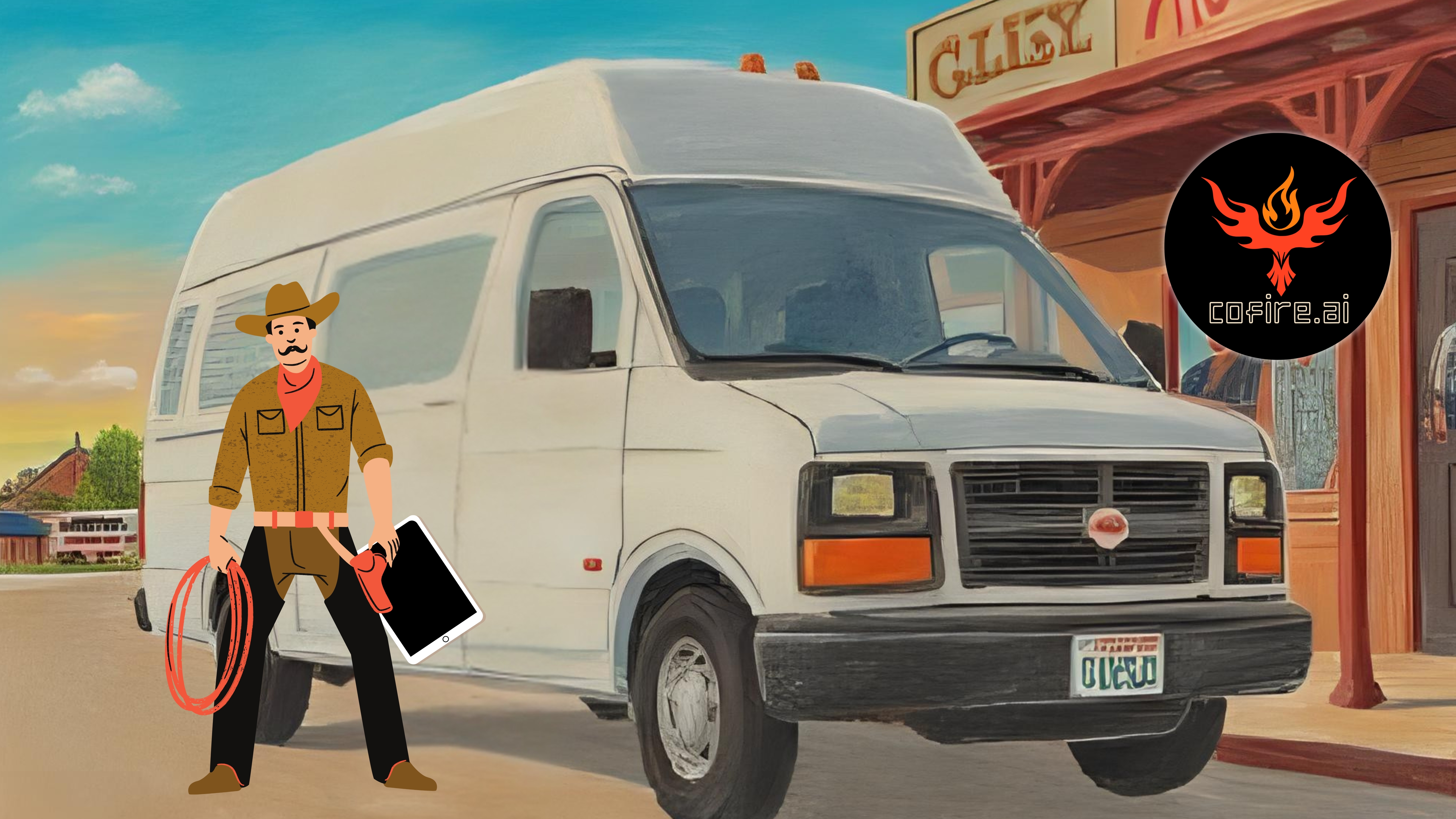 A cowboy contractor in a brown jacket and hat stands confidently in front of a white service van, holding a clipboard. Behind him is a small town storefront with a Cofire.ai logo, symbolizing AI proposal generation.