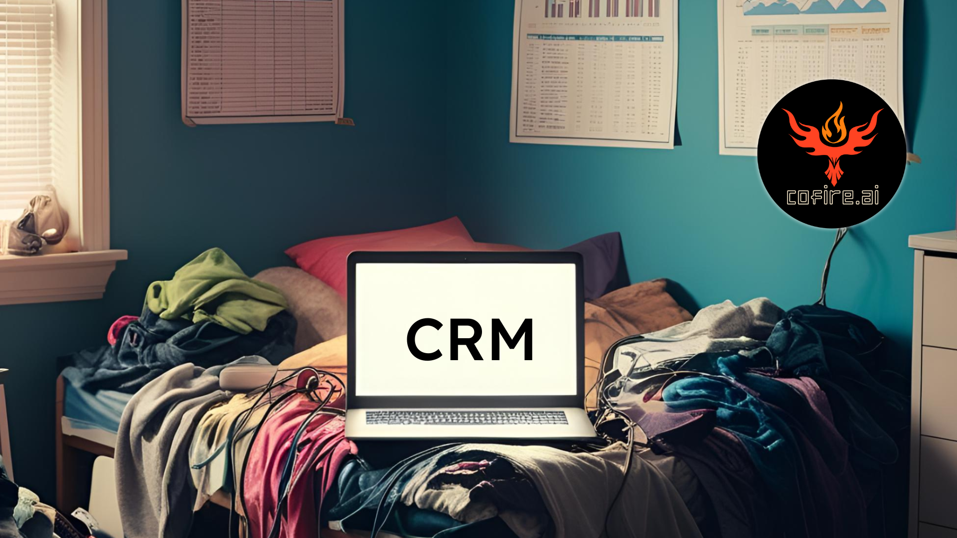 A glowing laptop labeled CRM sits on an unmade bed in a messy teenage bedroom. Clothes, cords, and papers are scattered everywhere. The scene feels chaotic, immature, and unready for responsibility.