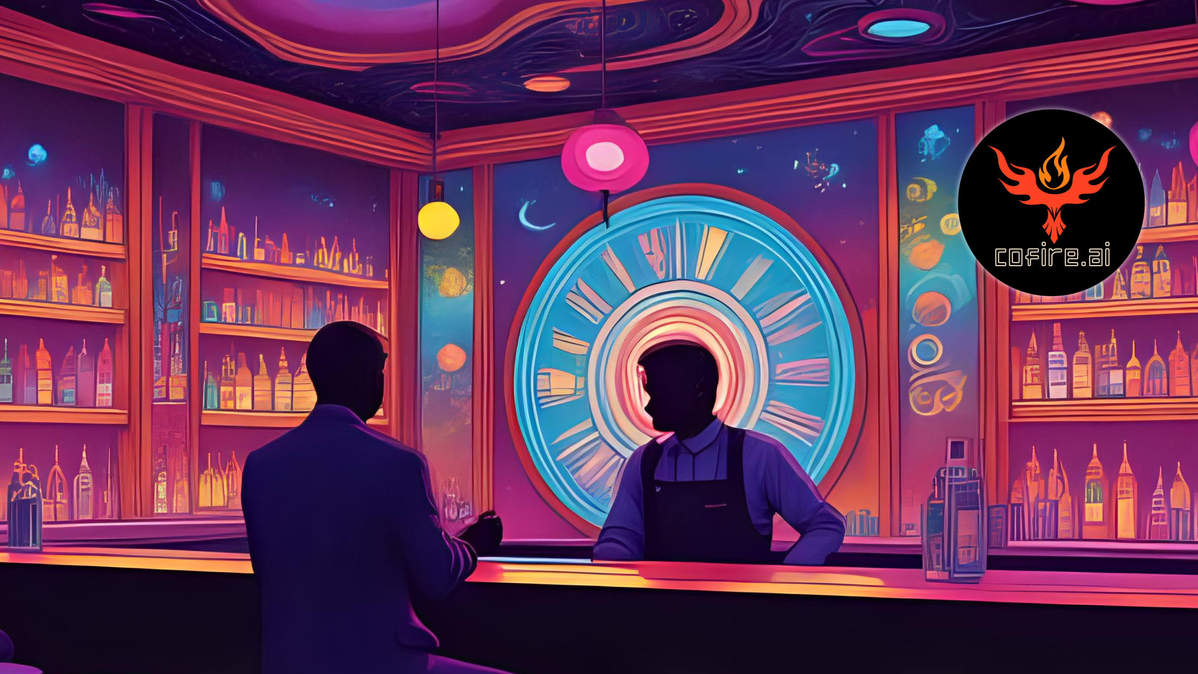 A surreal neon bar scene symbolizing how a CRM like Cofire helps businesses remember personal details that build loyalty. The bartender recognizes the customer instantly, with a glowing clock behind them representing perfect timing and connection.