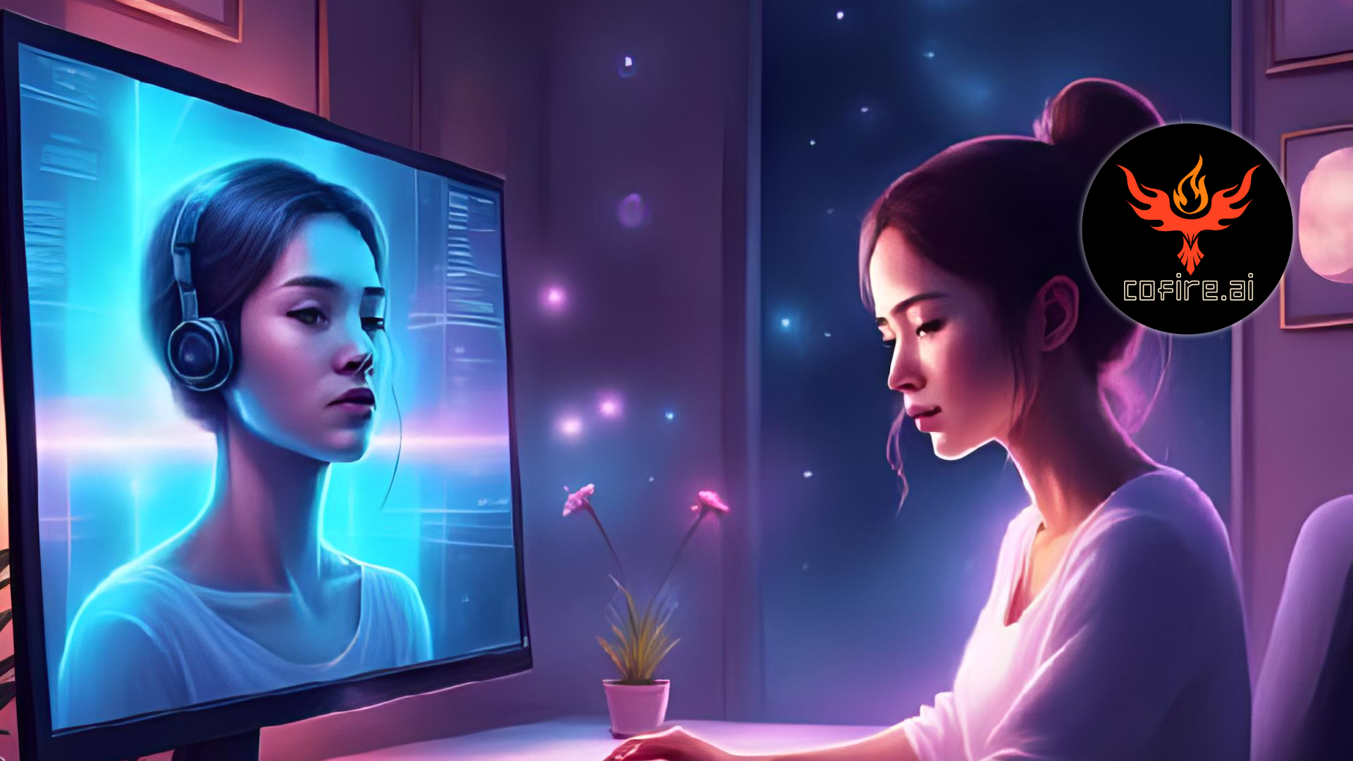 A woman works late at her desk, facing a glowing screen that shows a custom AI agent in a headset — calm, consistent, and professional. The image reflects how Cofire AI builds reliable AI support agents to handle customer communication 24/7.