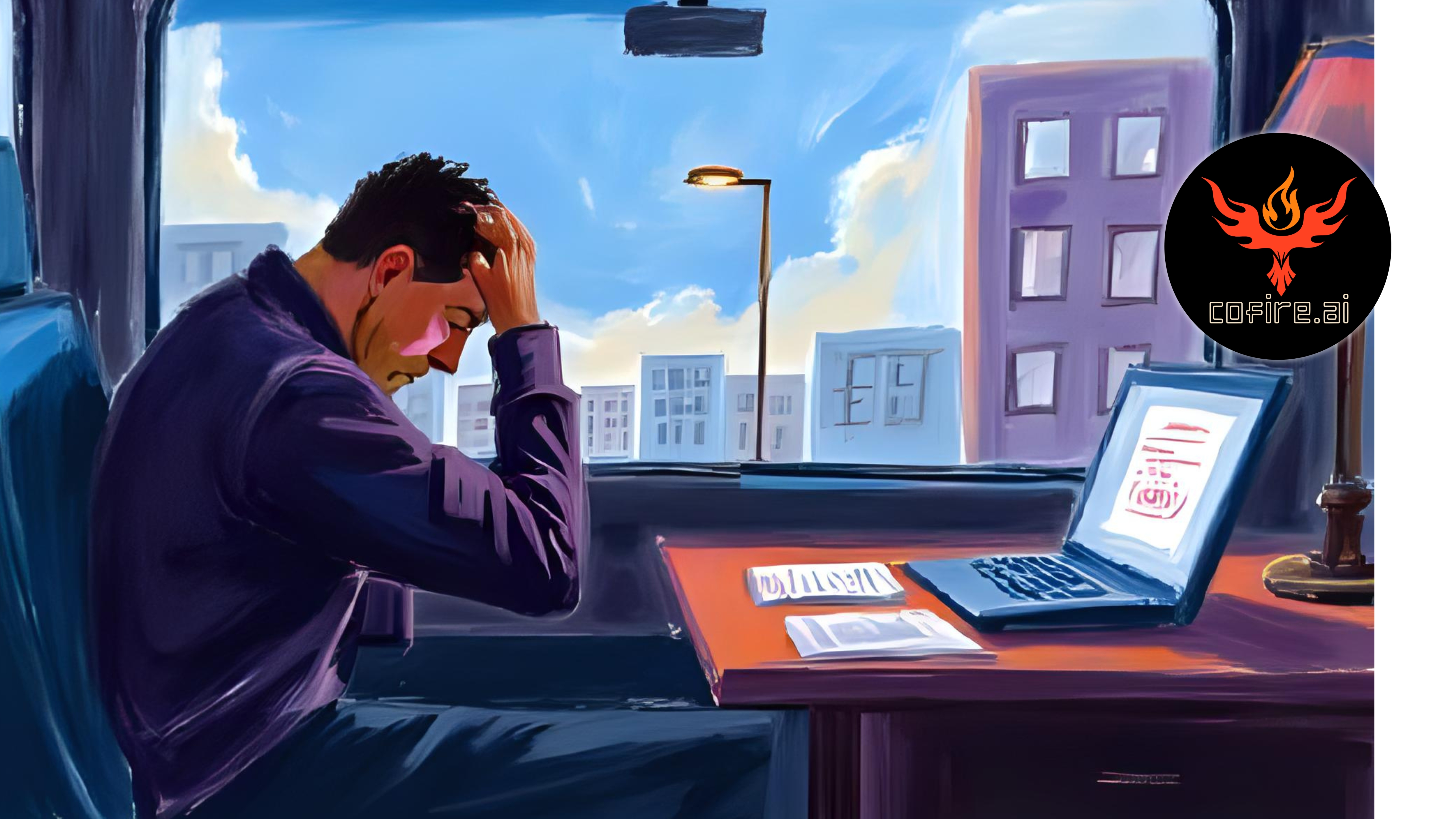 AI proposal generation visualized through an overwhelmed plumber inside a chaotic van, buried in digital quote requests and paperwork. The calm outside contrasts the burnout caused by manual quoting delays.