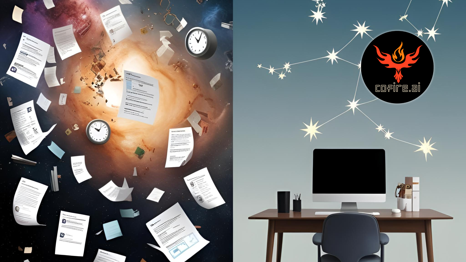 Split image with floating papers and clocks in space on the left, and a tidy desk with a computer under star constellations on the right. Left side shows chaos, right side shows focus. Cofire.ai logo appears in the sky above the desk.