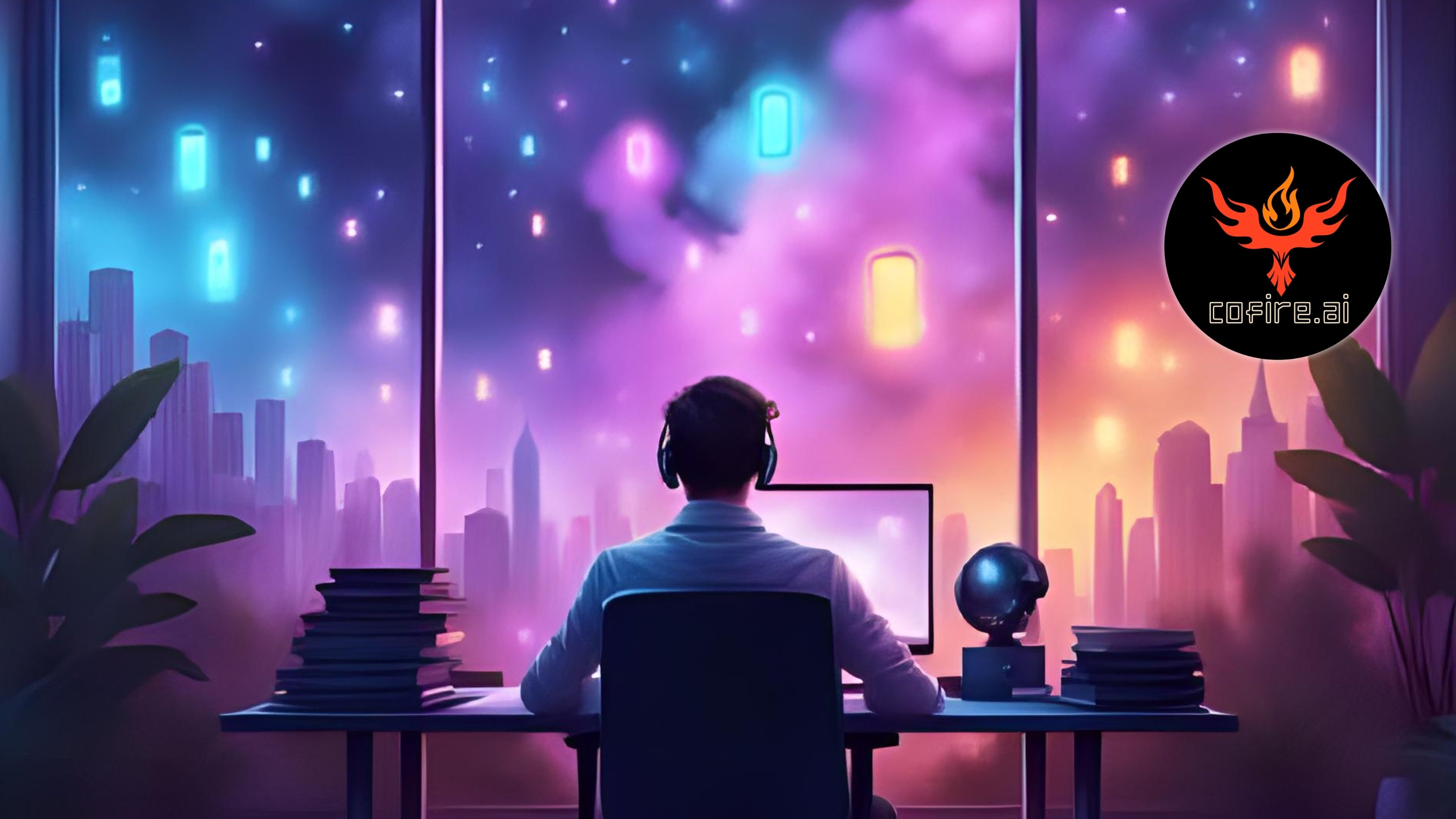 A business owner sits calmly at a tidy desk while neon pink phones rain down like meteors outside a large window, evoking the surreal chaos of spam calls. Inside, the office feels serene and untouched