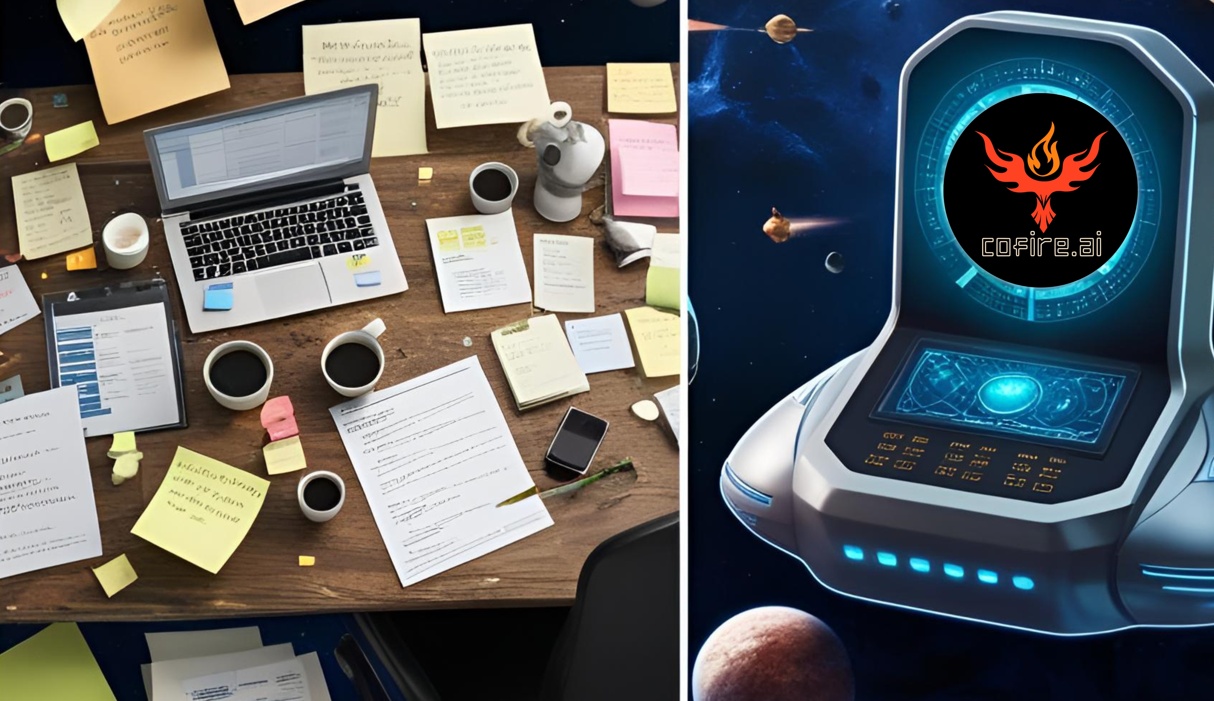 Messy desk floating in space beside a sleek alien control center with Cofire.ai logo, symbolizing the shift from CRM chaos to organized, futuristic systems.