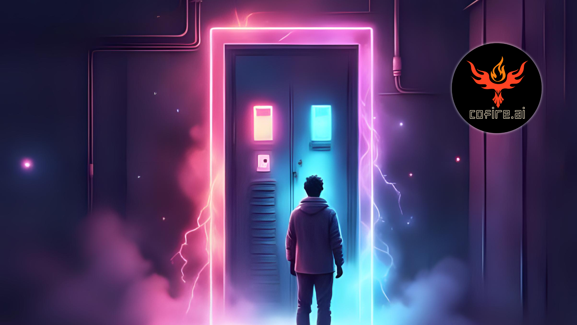 Futuristic scene inspired by The Breaker Box: Why Electricians Lose Repeat Jobs blog, showing a person facing a glowing neon breaker box in a cosmic room. Pink and blue lighting suggest lost connections and untapped energy. Cofire.ai logo shown.