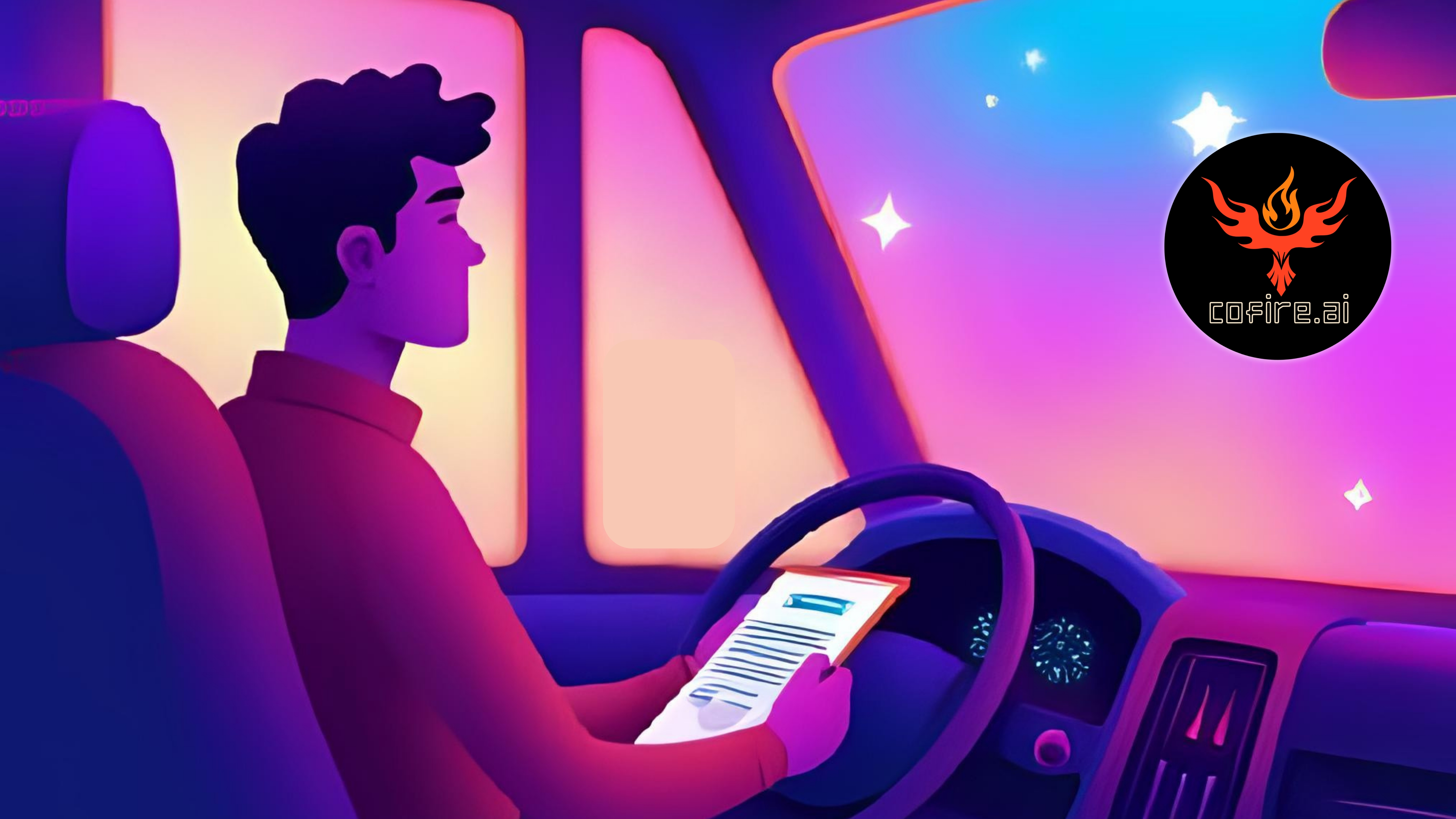 Illustrated man sitting in a car holding a quote sheet, lit by a neon sunset through the windshield, with the Cofire.ai logo glowing above the dashboard — visualizing sloppy quoting on the go and the need for AI tools like Cofire AI to respond faster..jpg
