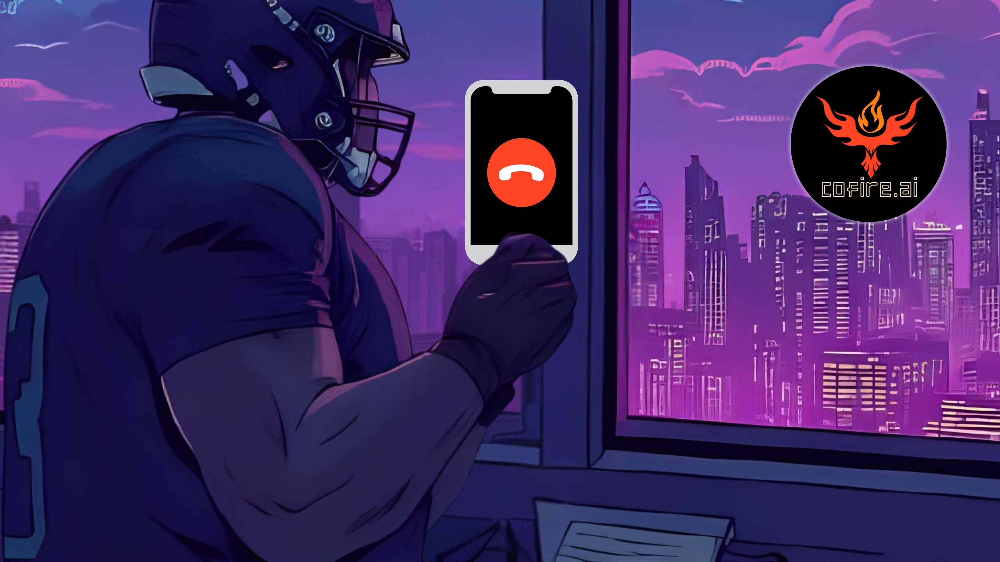 Linebacker in dark gear with jersey number 33 holds a phone showing a red “decline call” button, standing in a high-rise office overlooking a neon city. Spam call blocked. Cofire logo glows on the.jpg