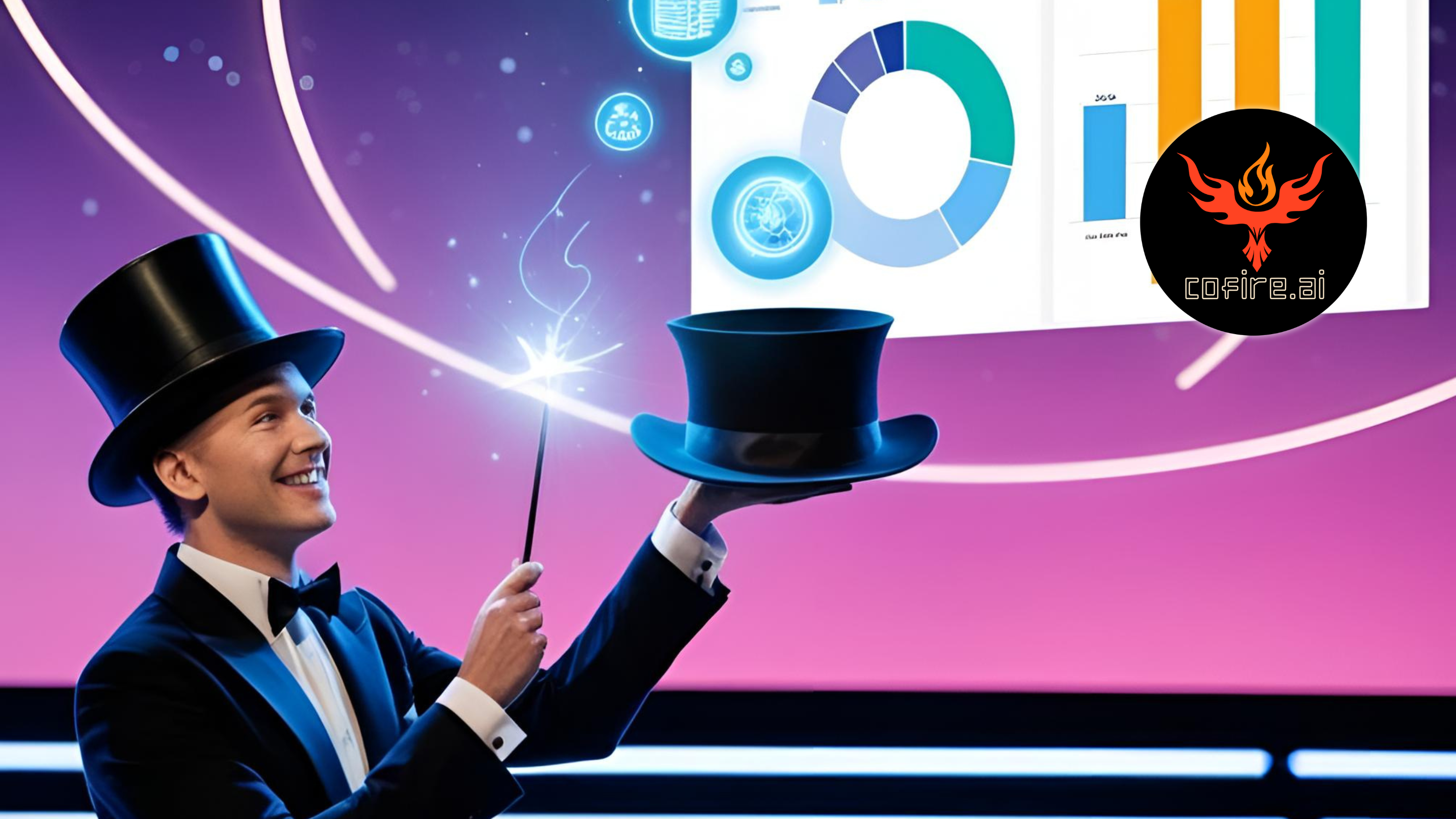 Magician holding a top hat and wand onstage, conjuring glowing CRM data charts and analytics visuals. Cofire.ai logo appears over the dashboard. Celestial-themed, neon-lit background suggests digital magic and tech precision.