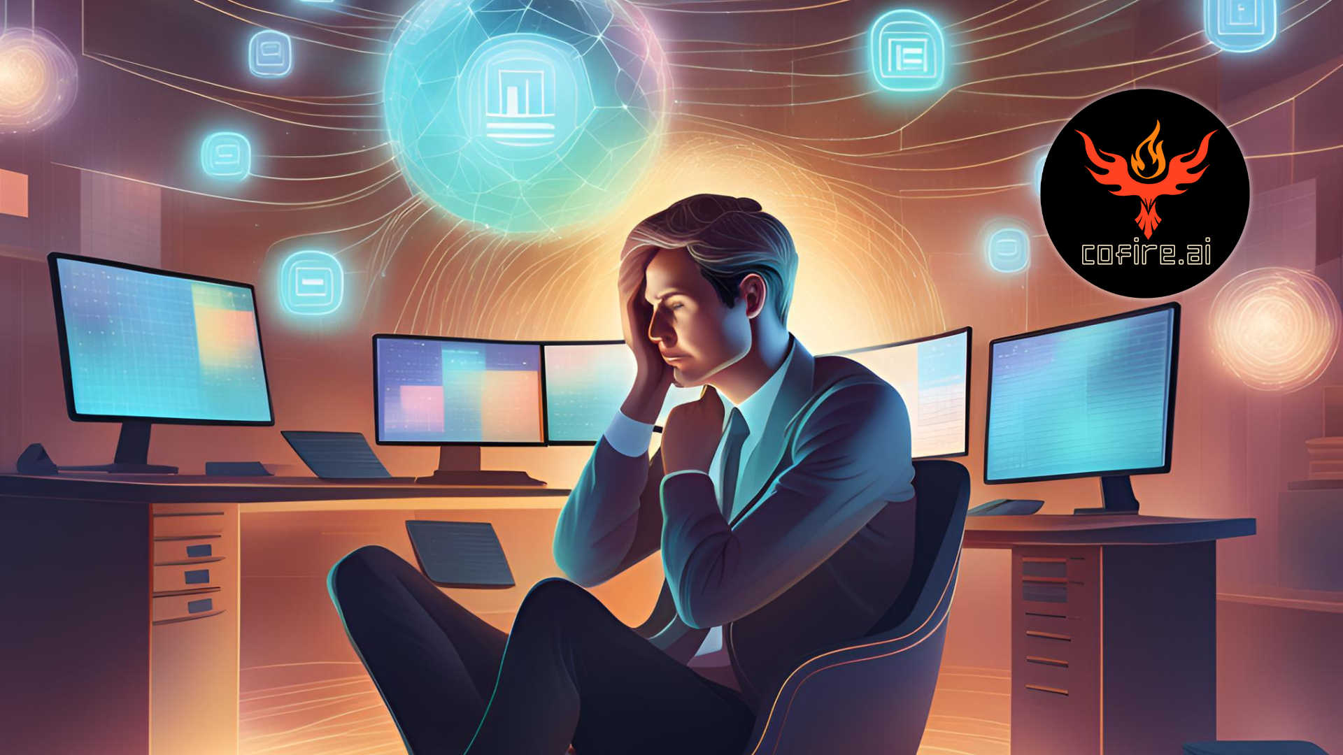 A stressed business owner sits at a desk surrounded by glowing screens and chaotic digital icons, overwhelmed by CRM confusion. The scene has a surreal, cosmic feel. Cofire.ai logo in corner. | Cofire AI