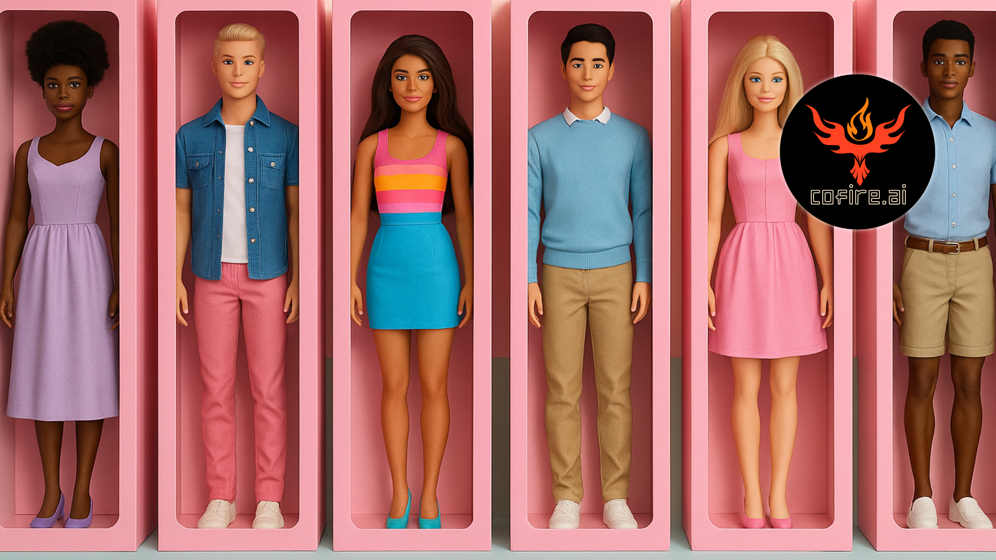 Six diverse Barbie and Ken-style fashion dolls in pink boxes, styled to reflect CRM red flags and toxic tools. Each represents a different flaw hurting your pipeline. Pastel background, colorful outfits, playful tone.